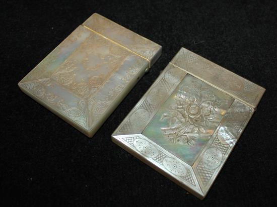 Two mother of pearl card cases, each with engraved decoration and relief panel of flowers